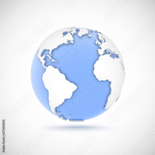 Volumetric globe in white and blue colors. 3d vector illustration with continents America, Europe, Africa