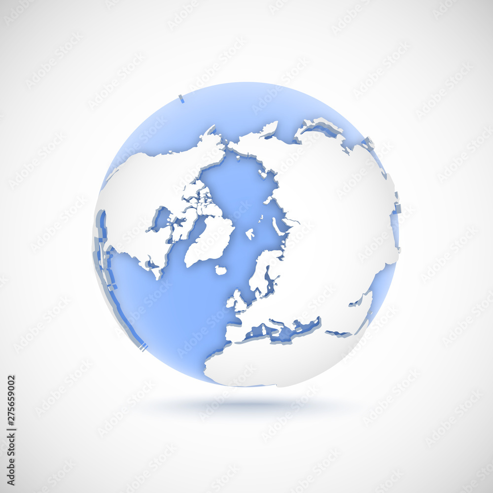 Volumetric globe in white and blue colors. 3d vector illustration North Pole