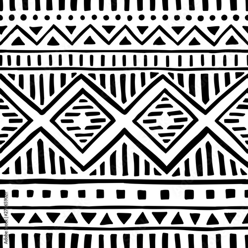 Seamless ethnic pattern. Handmade. Horizontal stripes. Black and white print for your textiles. Vector illustration.