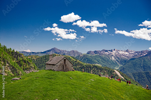 Some hikers near a panoramic mountain pasture in the Alps of Piedmont  Italy.