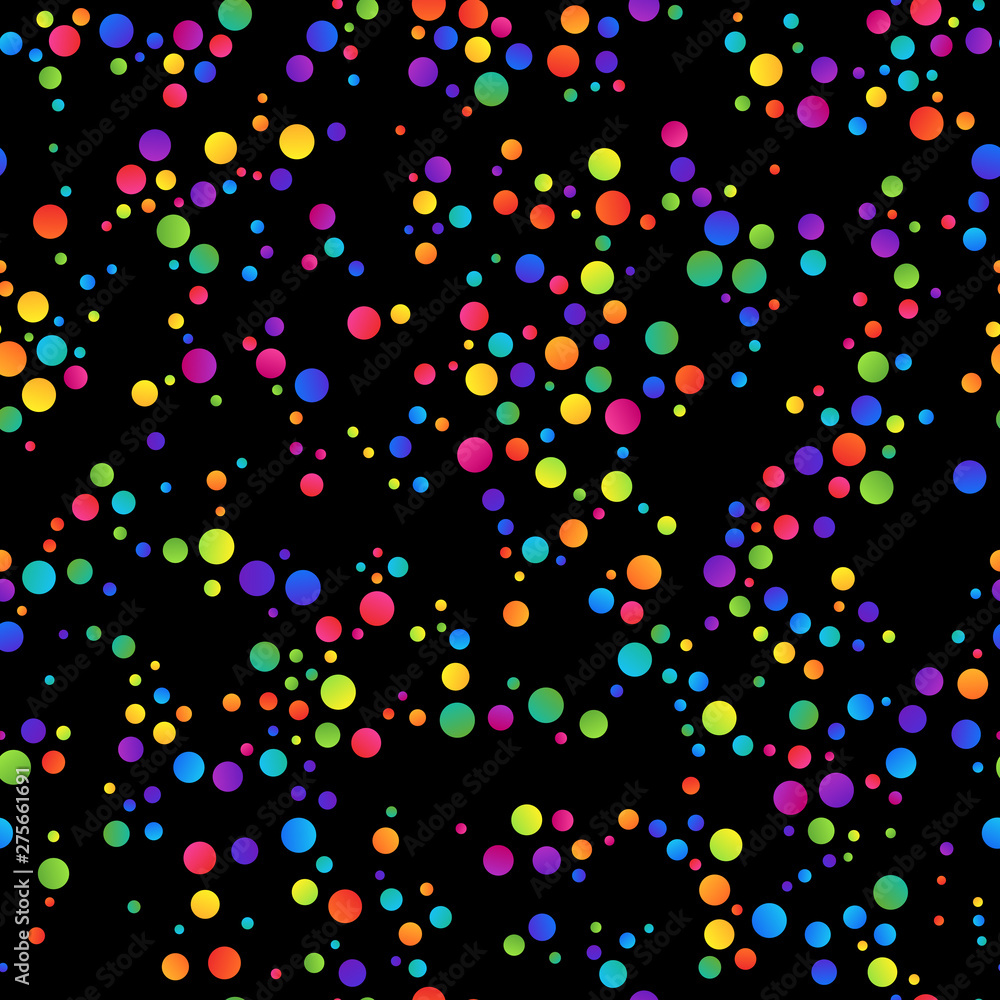 Simple Seamless Pattern of Gradient Colored Circles on Black Backdrop.