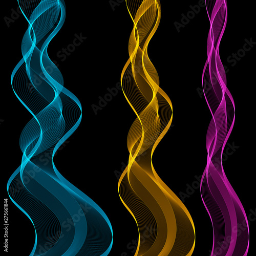 Set of Blue, Pink, Yellow Abstract Isolated Transparent Wave Lines for Black Background.