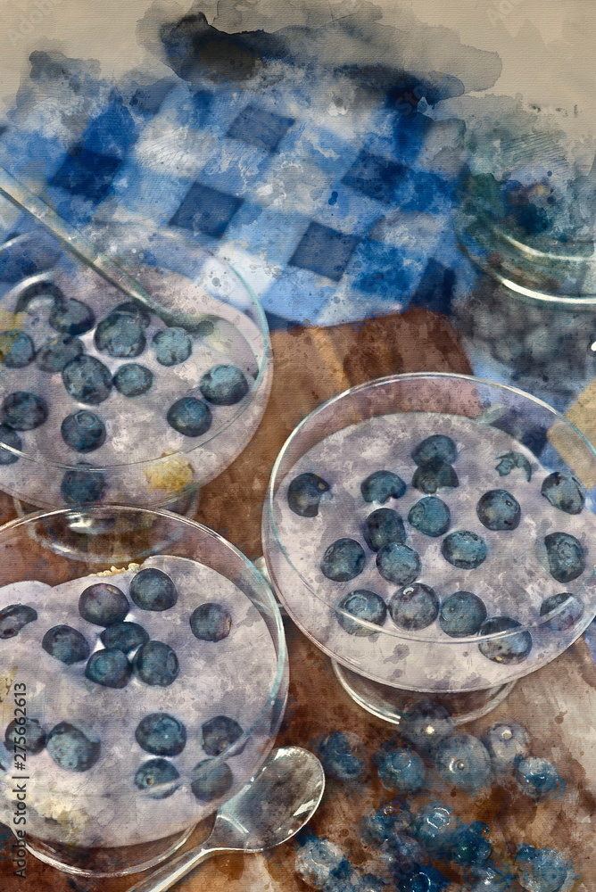 Digital watercolor painting of Vanilla yoghurt with fresh blueberries for breakfast