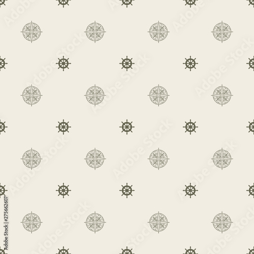 Vector seamless pattern on the theme of nautical travel  adventure and discovery. Wind roses and steering wheels in retro style on beige background