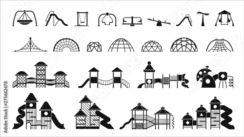 Kid playground equipment icons. Icon set with different types of elements on the playground.