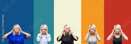 Collage of beautiful blonde woman over colorful vintage isolated background with hand on head for pain in head because stress. Suffering migraine.