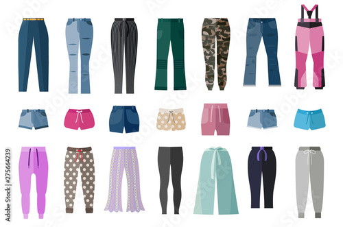 Women's Clothing. Shorts and pants for girls and women. Set of fashion and style elements.