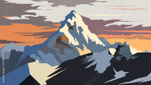 Vector drawing of the mountain peak. Highest mountain peak on the planet. Vector illustration of mountains, rocks and peaks. photo