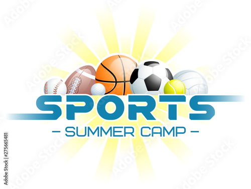 Sports Summer Camp concept with different Sports Balls and the sun. Vector illustration.