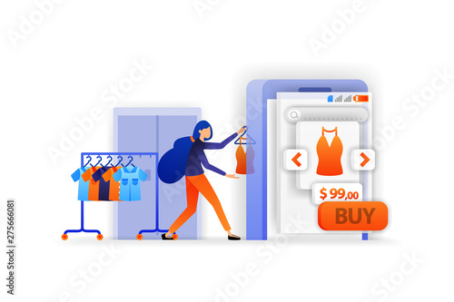 Sell in online marketplace. Display clothes for sale. Mobile shopping apps. Online payment selling product. vector illustration concept for, landing page, web, ui, banner, poster, template, background