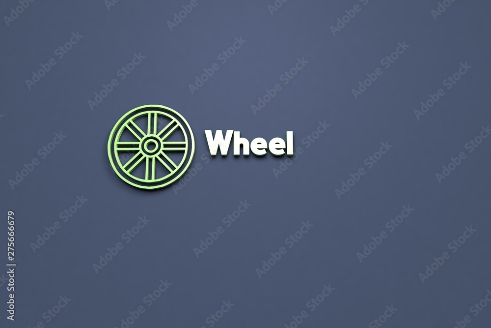 3D illustration of Wheel, green color and green text with blue background. 3D illustration of Wheel, green color and green text with blue background.