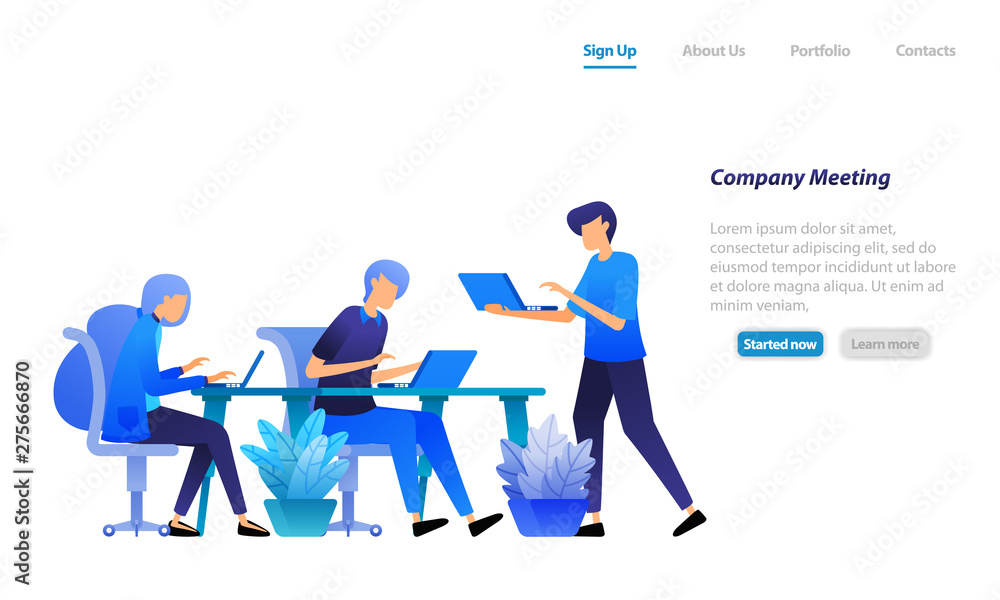 employees gathering to start meeting. discuss company problems to search and find solution. Business vector illustration concept for landing page, web, ui, banner, flyer, poster, template, background employees gathering to start meeting. discuss company problems to search and find solution. Business vector illustration concept for landing page, web, ui, banner, flyer, poster, template, background