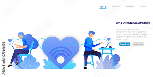 send chat big love messages  from long distance relationship couple communication with a desktop laptop. flat illustration concept for landing page, web, ui, banner, flyer, poster, template, backgroun