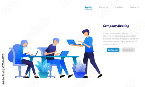 employees gathering to start meeting. discuss company problems to search and find solution. Business vector illustration concept for landing page, web, ui, banner, flyer, poster, template, background