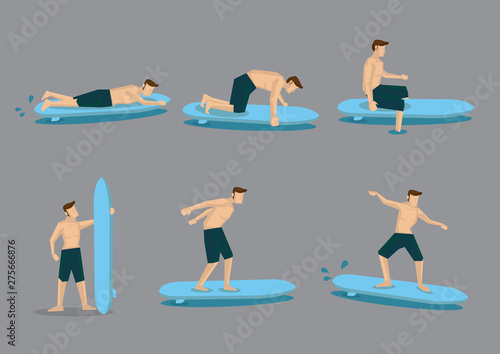 Sporty Young Man Learns Surfing with Surfboad