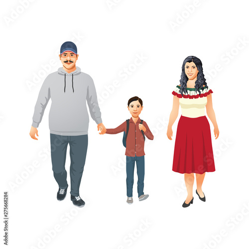 Happy Latin family with child goes to elementary school. Hispanic mustachioed father holds his sons hand. Vector illustration.
