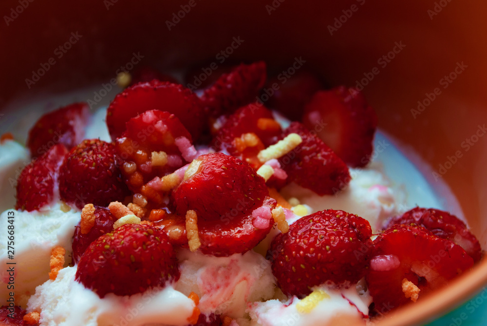 ice cream in a plate with strawberries. dessert ice cream in a plate with strawberries. dessert