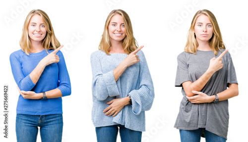 Collage of beautiful blonde woman over white isolated background Pointing with hand finger to the side showing advertisement, serious and calm face