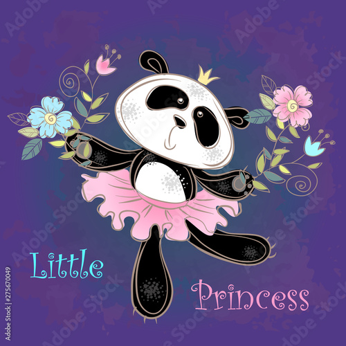 Cute Panda ballerina dancing. Little princess. Vector