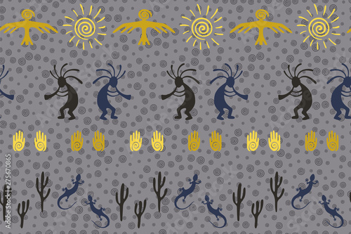 Mythical, design with lizard, Kokopelli fertility deity, sun, eagle, cacti.