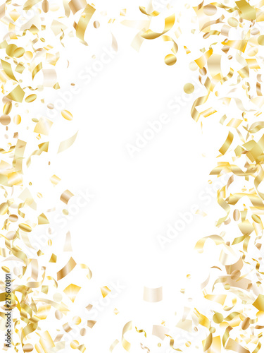 Holiday realistic gold confetti flying on black background.