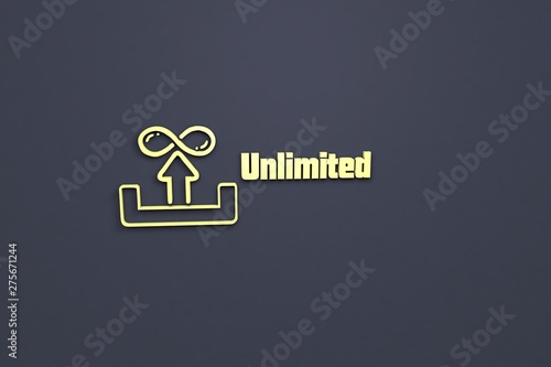 3D illustration of Unlimited, yellow color and yellow text with dark background.
