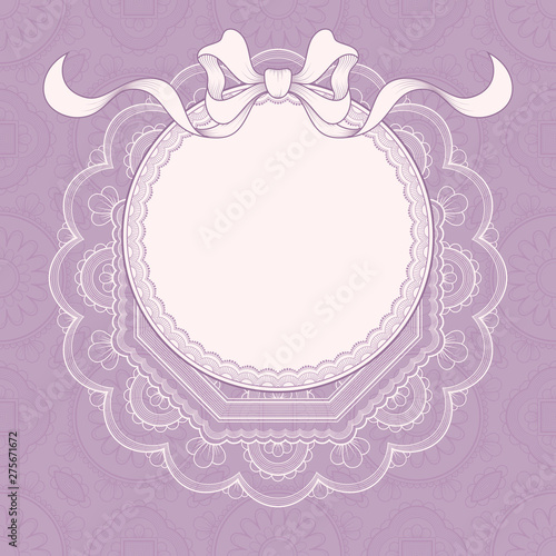 Vintage background with lace frame and ribbon for greeting card, invitation or announcement