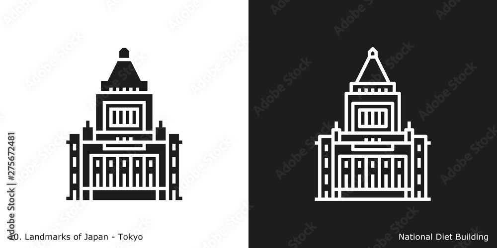 Tokyo: National Diet Building. Outline and glyph style icons of the famous landmark from Japan.