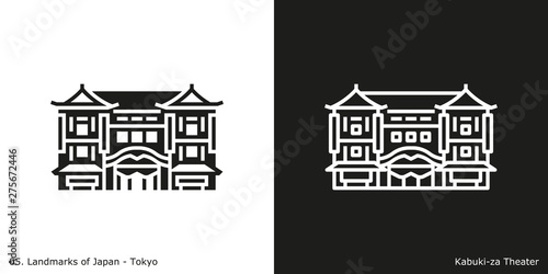 Tokyo: Kabuki-za theater. Outline and glyph style icons of the famous landmark from Japan.