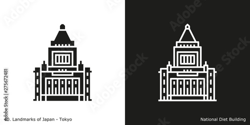 Tokyo: National Diet Building. Outline and glyph style icons of the famous landmark from Japan.