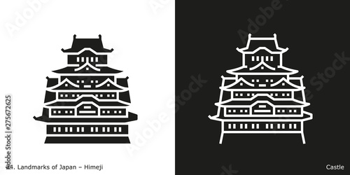 Himeji Castle. Outline and glyph style icons of the famous landmark from Japan.