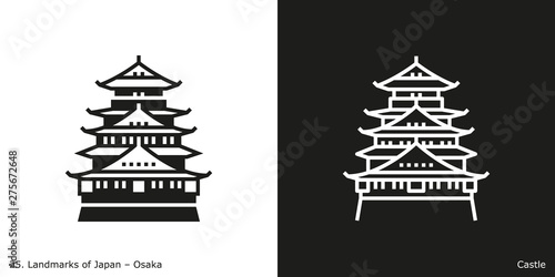 Osaka Castle. Outline and glyph style icons of the famous landmark from Japan.