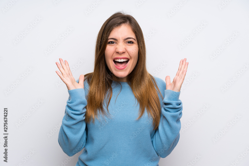 Young girl with blue sweater unhappy and frustrated with something Young girl with blue sweater unhappy and frustrated with something