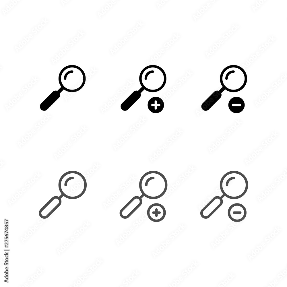 Magnifying glass, zoom in, zoom out icons Magnifying glass, zoom in, zoom out icons
