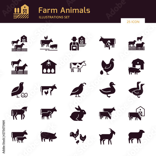 A large vector set of 25 farm and farm animal icons that are great for illustrations, infographics and logos of stores or other businesses. Icons isolated on white background.