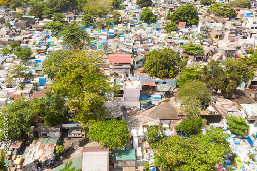 City cemetery in Manila, view from above. Many stone coffins and crypts. Old cemetery with residential buildings.