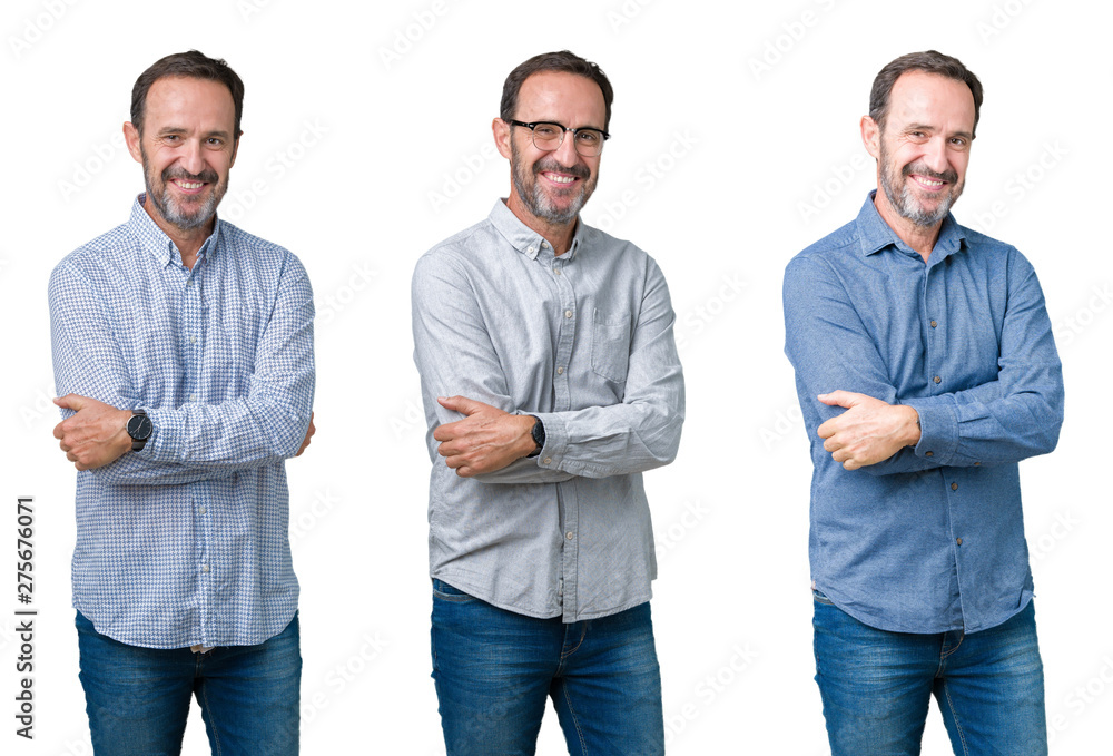 Collage of handsome senior business man over white isolated background happy face smiling with crossed arms looking at the camera. Positive person. Collage of handsome senior business man over white isolated background happy face smiling with crossed arms looking at the camera. Positive person.