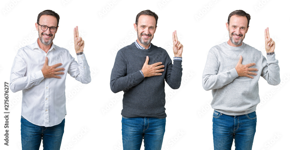 Collage of handsome senior man over white isolated background Swearing with hand on chest and fingers, making a loyalty promise oath Collage of handsome senior man over white isolated background Swearing with hand on chest and fingers, making a loyalty promise oath