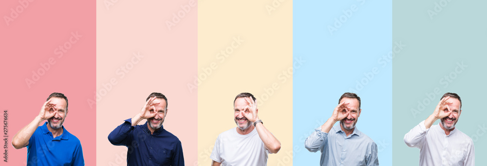 Fototapeta premium Collage of senior hoary handsome man over colorful stripes isolated background doing ok gesture with hand smiling, eye looking through fingers with happy face.