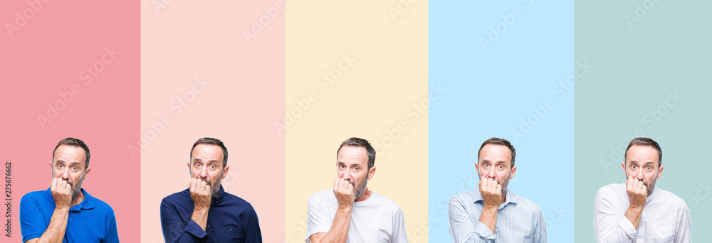 Collage of senior hoary handsome man over colorful stripes isolated background looking stressed and nervous with hands on mouth biting nails. Anxiety problem.