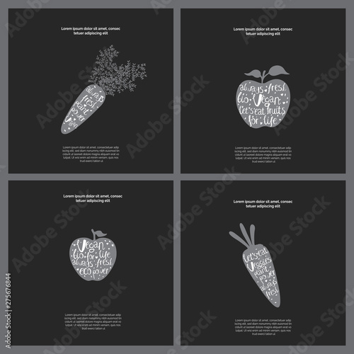 Bright vegan card templates set black and white, carrot and apples lettering design