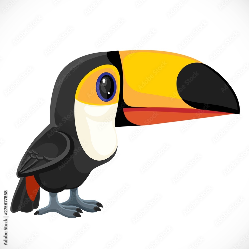 Obraz premium Cute cartoon toy bright bird toucan isolated on white background