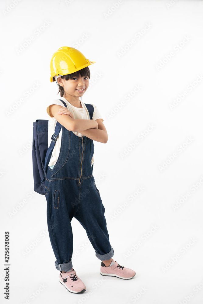 Asian girl Thai student want to be engineer, engineering kid isolated on white background