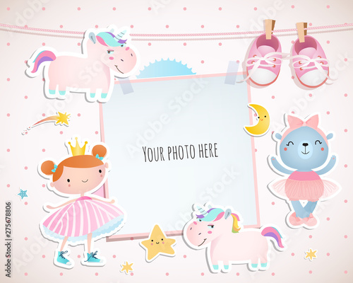 Holiday card design with a little princess, unicorns, booties.