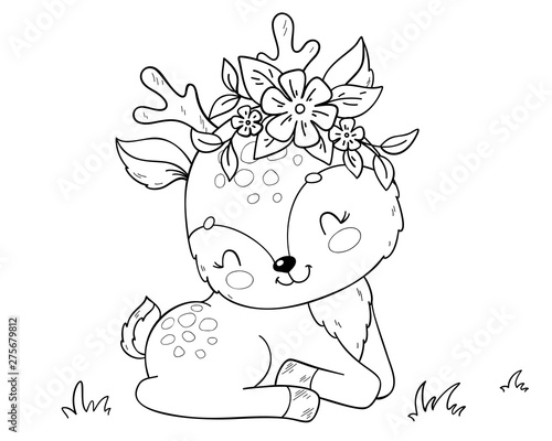 Cute cartoon baby deer. Coloring book page for children.