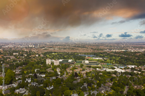 Wimbledon and central London aerial view of houses, streets and city skyline photo