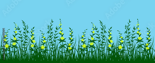 Seamless Horizontal Background, Nature Landscape with Green Grass, Leaves and Flowers on Blue Sky with Confetti, Tile Pattern for Your Design. Vector