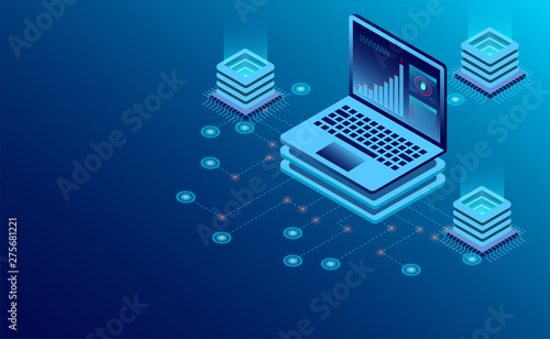 Datacenter server room cloud storage technology and big data processing Protecting data security concept. digital information. isometric. dark neon vector