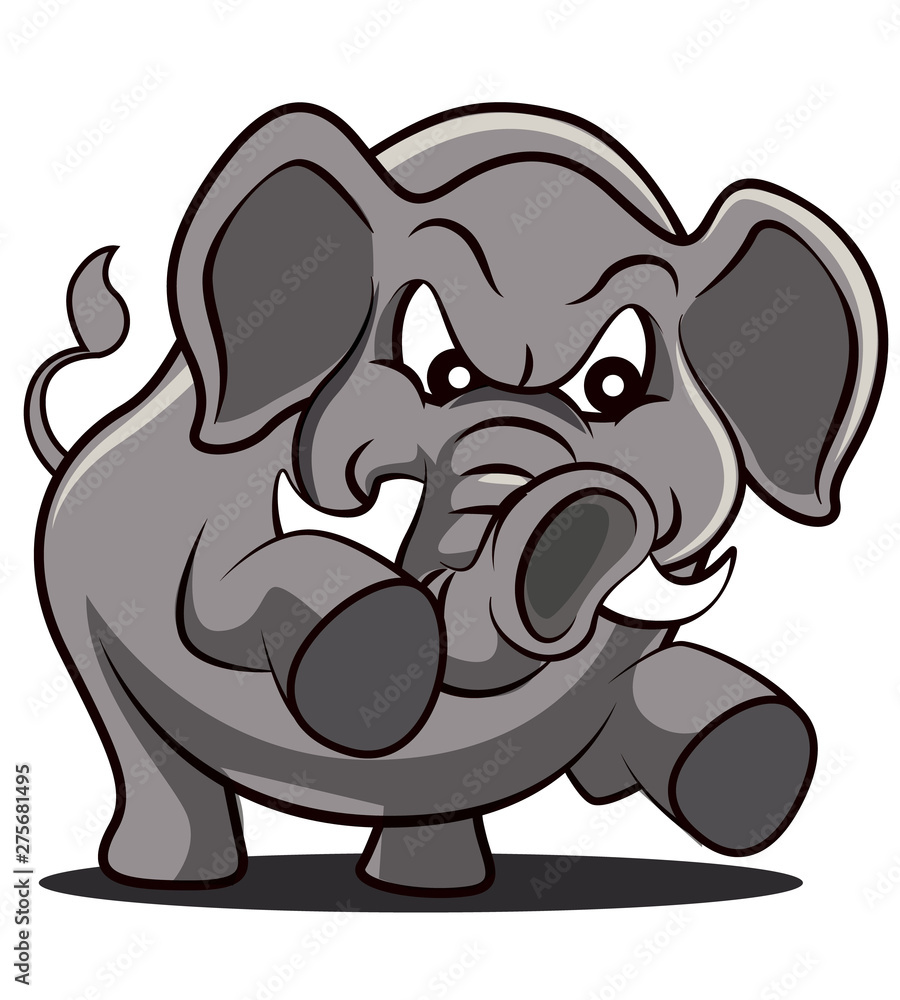 Fototapeta premium Angry elephant with strong trunk cartoon character - vector mascot