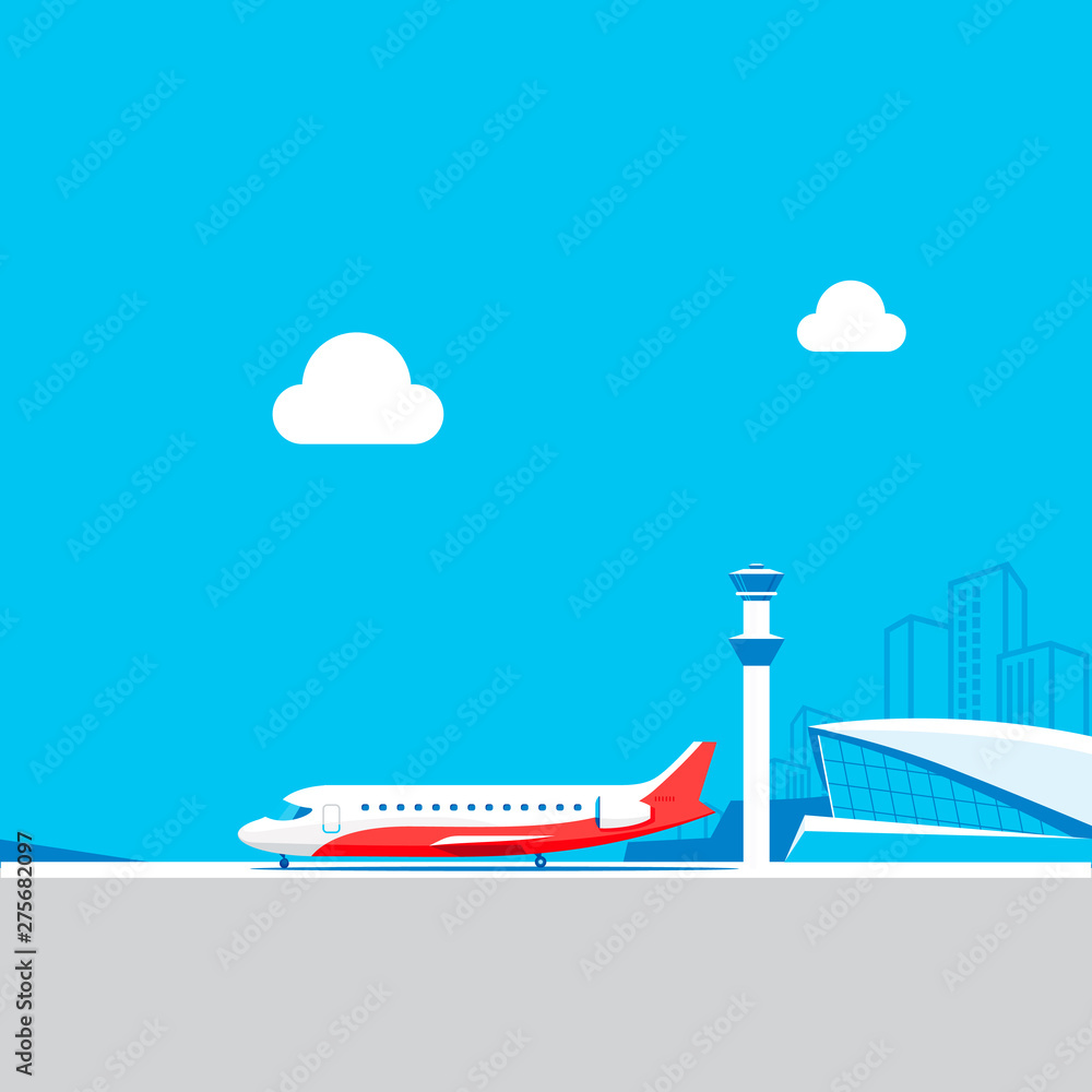 Airport control tower and flying airplane Airport control tower and flying airplane